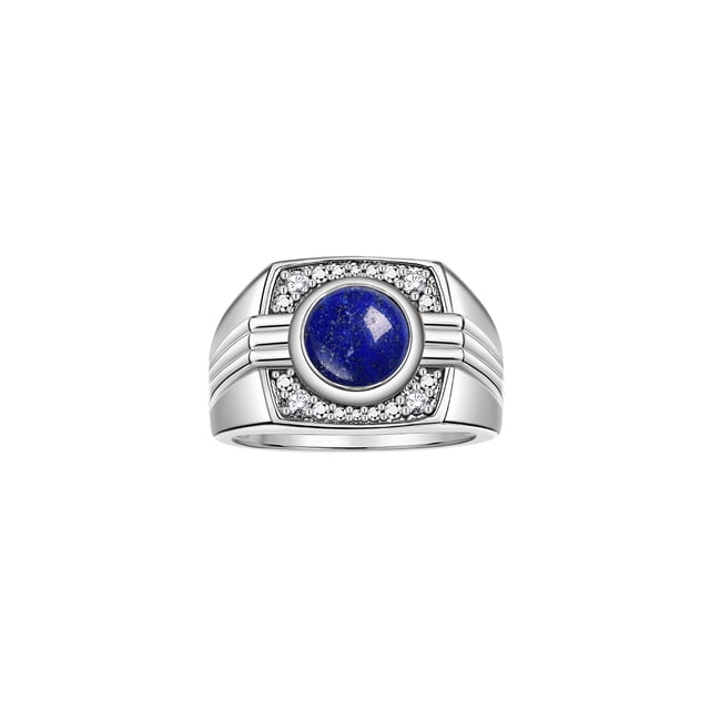 RYLOS Mens Rings 14K White Gold Designer Round Gemstone & Sparkling Diamond Ring Lapis September Birthstone Rings For Men, Men's Rings, Gold Rings Sizes 8 - 13