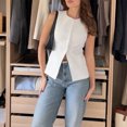 thumbnail image 3 of Gupgi Gilet Long pour Femmes à Boutons, Sans Manches, Col Rond, Couleur Unie, Coupe Ajustée, 3 of 8