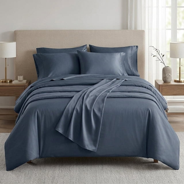 Opulent Ensemble de Draps en Rayonne de Bambou - Très Grand Lit - Indigo Bleu