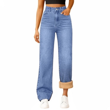 Breezora Womens Thermal Lined Jeans High Waisted Straight Leg for Cold Weather Warm Stretch Denim Pants with Soft Inner Fleece XL Size Blue