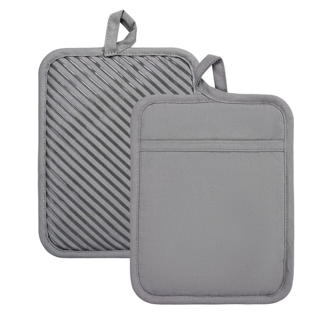 Fabstyles Silicone Print Pot holder Set of 2 in grey, with one potholder showing a textured diagonal silicone grip surface and the other a smooth fabric back with a hanging loop, heat resistant and ideal for safe handling during baking, grilling, and cooking.