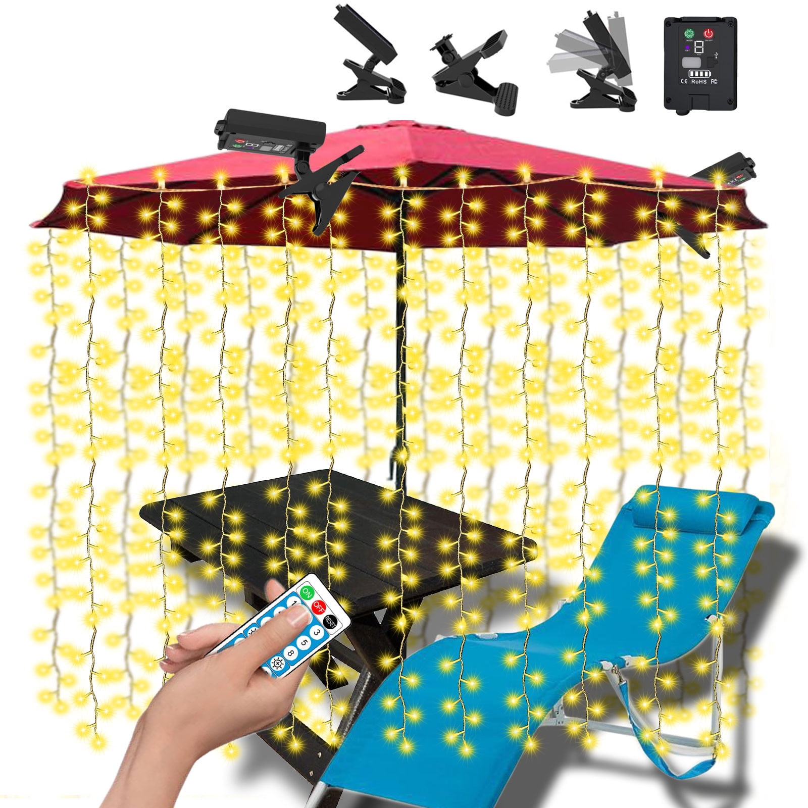 Chmadoxn Solar Lights Outdoor Solar LED Curtain Light, 8 Modes,IP68, Clip Type Solar Panel - USB Chargeable + Remote Control (Mode Display/Power Display) Soft Light Strip, Outdoor Solar Lights