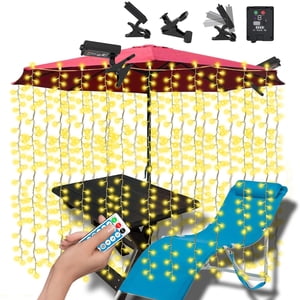 Chmadoxn Éclairage solaire extérieur LED Lumière du rideau, 8 Modes,IP68, Panneau solaire de type Clip - USB Chargeable + Télécommande (affichage de mode/d'alimentation) Bande lumineuse douce, lumières solaires extérieures