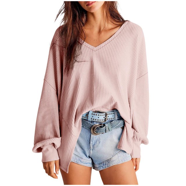 MeetoTime Women's Long Sleeve Tops Fall Casual Textured V-Neck Oversized Pullover Sweatshirt