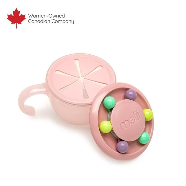 Abacus Snack Container in soft pink with a removable lid featuring multicolored beads in green, yellow, and purple for counting and play, designed for baby food storage with a flexible finger trap to prevent spills, shown open on a white background.