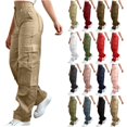 thumbnail image 1 of Pantalon Cargo Grande Taille pour Femmes, Pantalon à Jambe Grand avec Taille à Bouton et Fermeture Éclair et Poches, Pantalon Décontracté à Fermeture Éclair Ample pour Activités de Plein Air, Sport et Randonnée P-5TG, 1 of 9