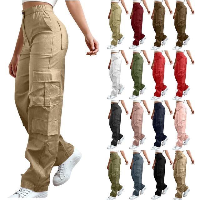 Pantalon Cargo Grande Taille pour Femmes, Pantalon à Jambe Grand avec Taille à Bouton et Fermeture Éclair et Poches, Pantalon Décontracté à Fermeture Éclair Ample pour Activités de Plein Air, Sport et Randonnée P-5TG