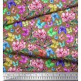 thumbnail image 3 of Soimoi Brown Satin Silk Fabric Leaves,Pink Flower & Butterfly Decor Fabric Printed BTY 42 Inch Wide, 3 of 3