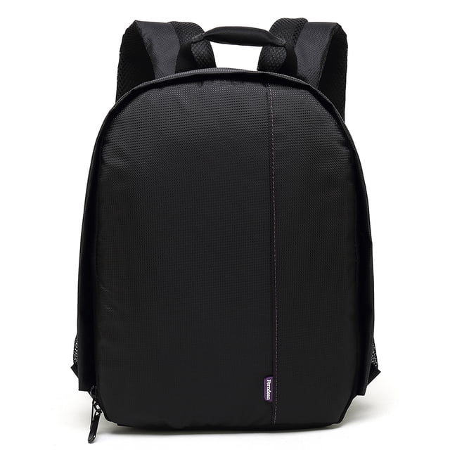 1PC Fashion Durable Nontoxic Practical Useful Camera Bag Camera Backpack Family Supplies Nylon Camera Bag in grey. Made of water-resistant nylon with durable polyester lining, this backpack features a laptop compartment, camera compartment, side mesh water bottle pockets, and a strap for carrying a camera stand. It includes adjustable padded dividers, dual zipper pulls, and a rain cover for added protection. Ideal for DSLR cameras and outdoor photography enthusiasts.