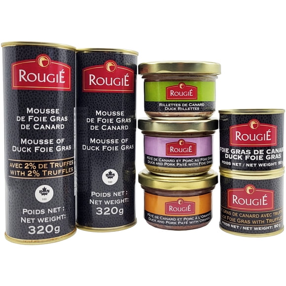 Rougie Duck Foie Gras & Spreads 7-Pack - Block of Foie Gras, Block with Truffles, Mousse of Foie Gras, Mousse with Truffles, Pate with Foie Gras, Rillettes and Pâté with Orange, Products of Canada