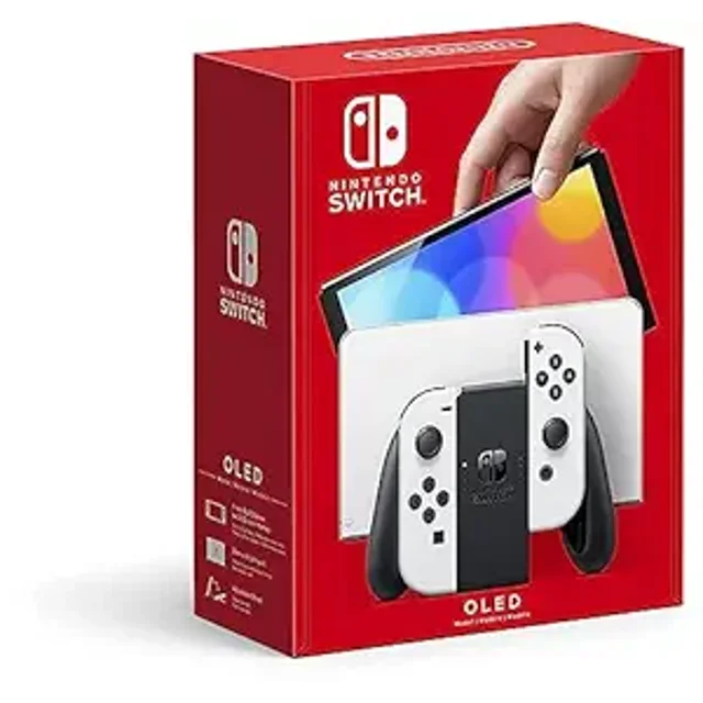 Restored Nintendo Switch OLED Console – 7-inch OLED display, 64GB storage, and white Joy-Con controllers, displayed in its original packaging. This handheld gaming console offers enhanced visuals, versatile play modes, and improved audio. Refurbished in fair condition with visible signs of wear.