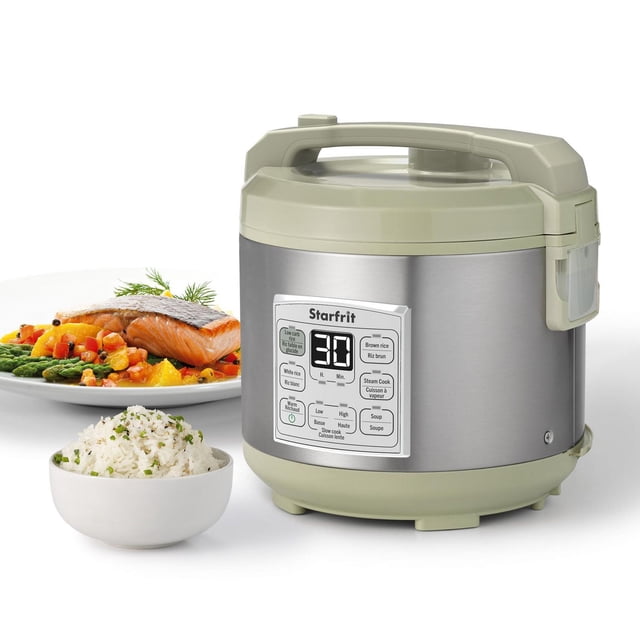 Starfrit Low-Carb Rice Cooker 14-Cup with stainless steel body and beige plastic top and base, featuring a digital control panel with 7 preset functions including low carb, white rice, brown rice, steam cook, soup, and slow cook, shown with a bowl of cooked rice and a plate of salmon with vegetables, ideal for healthy family meals and meal prep.