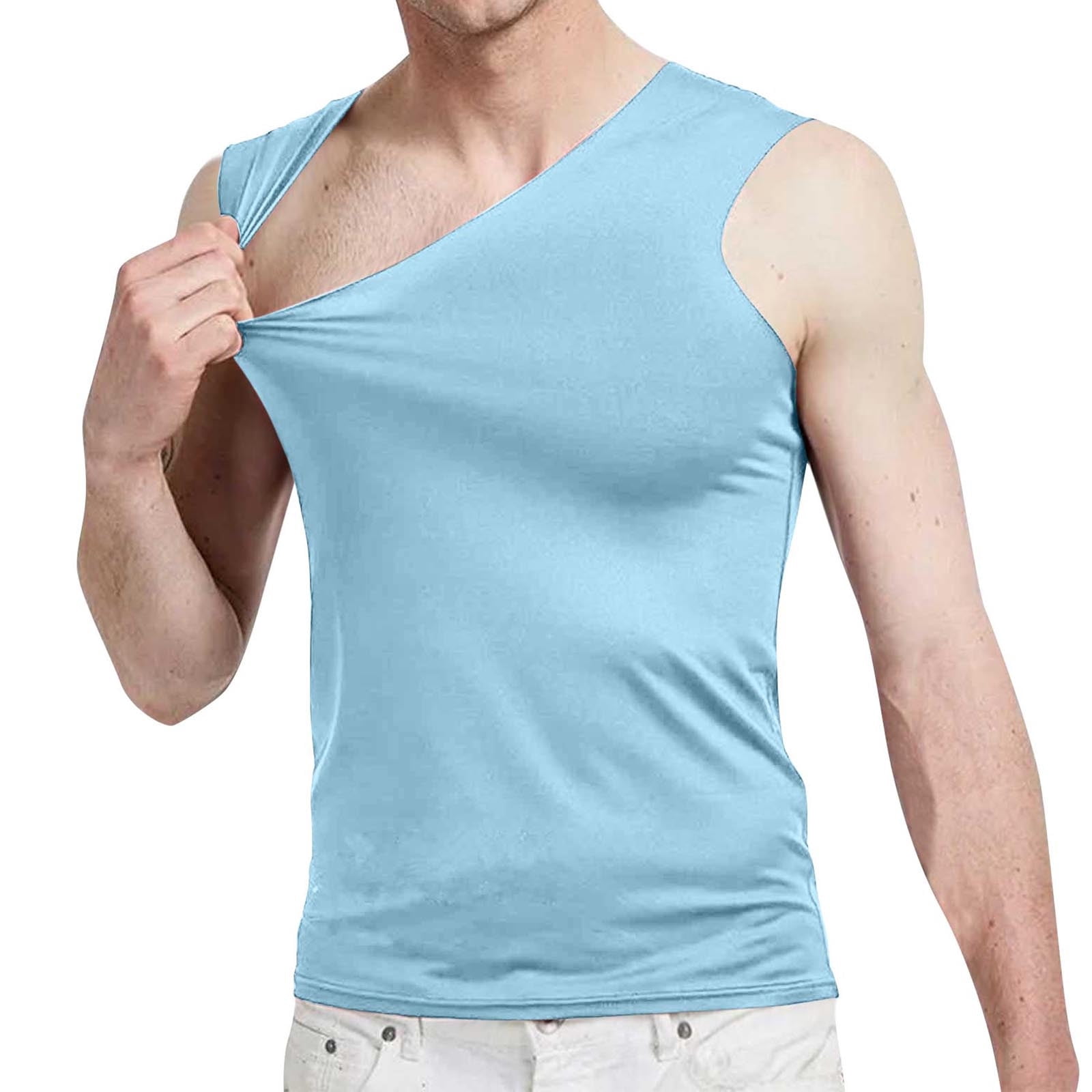 LOVZFMLL Tank Tops for Men's Pullover Solid Color T-shirt Outdoor Elastic Tight Without Marksr Solid Color V-Neck Tank
