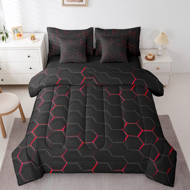 YST Ensemble de Literie 7 Pcs Rouge à Motif Nid d'Abeilles, Géométrique Moderne Abstrait, Format Double (7 Unités)
