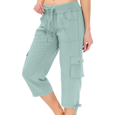 Kaemgyyd Cargo Pants Women Elastic Waist Lightweight Capri Pants Casual Straight Leg Cropped Trousers with Multiple Pockets