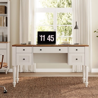 WAMPAT Farmhouse Desk, Executive Home Office Desk, Charging Station, Wood Computer Desk, 5 Drawers, File Cabinet Storage, Door, Open Shelf, Study and Work,Brown&white
