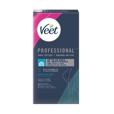 Bandes de cire Veet® ProfessionalMC pour les jambes et le corps, eau sensible, avec huile d’amande, 20 unités + 2 Lingettes