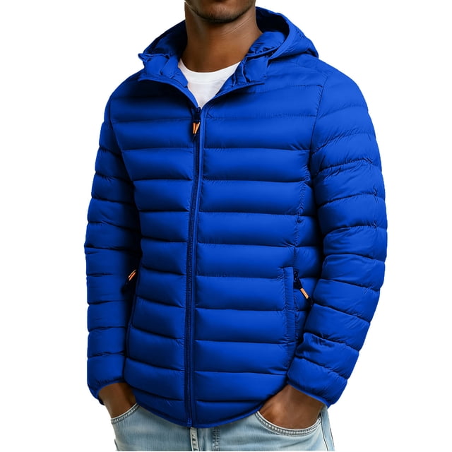 Men's Winter Quilted Jacket with Stitching Design, Slim Fit Hooded Coat, Polyester Material for Warmth and Insulation, Suitable for Cold Weather Casual and Outdoor Activities