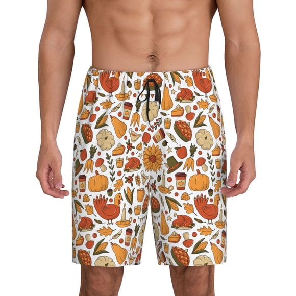 Vsdgher Thanksgiving with Food Print Men's Pajama Shorts Lounge Bottoms Sleep Shorts Elastic Waist Lightweight PJ Shorts with Pockets-X-Large