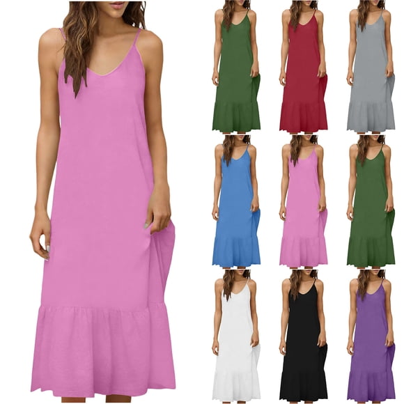 Sentmoon Womens Linen Dress Summer Solid Color Sleeveless Crew Neck Wedding Guest Dress Cocktail Regular Fit Spaghetti Strap for Daily and Commute Red L