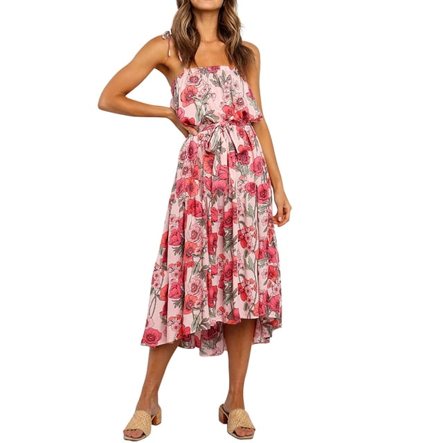 Robe Longue à Bretelles Spaghetti pour Femmes avec Nœud Floral et Ourlet Haut-Bas