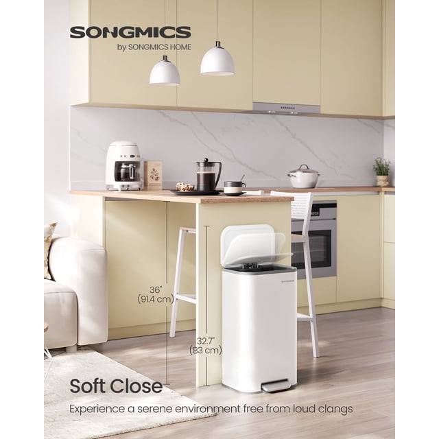 8-Gallon (30L) Stainless Steel Kitchen Trash Bin with Soft Close Lid, Inner Bucket & Non-Slip Pedal, Cloud White. The trash bin is displayed in a contemporary kitchen with light-colored cabinets and a marble backsplash. It features a cloud white stainless steel finish, a soft-close lid open at 90 degrees, and a wide non-slip pedal for hands-free use. The bin includes a removable inner bucket for easy liner changes and a rear carry handle for portability. Dimensions are 14.4”L x 11.8”W x 23.9”H (36.6 x 30 x 60.8 cm), with a height of 32.7” (83 cm) when the lid is open.