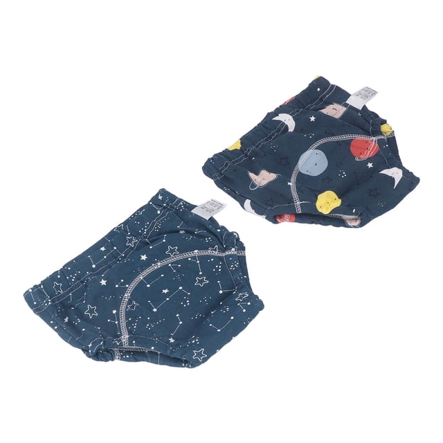 Baby Training Underwear, Potty Training Pant made of pure cotton with soft, leakage-proof, and water-absorbent features. Two multicoloured toddler training pants with elastic waistbands and leg frames for a snug fit, designed for potty training, sleep, and daily activities for 6-15 months old babies weighing 8-11kg and up to 90cm tall. Washable and reusable for long-term use.