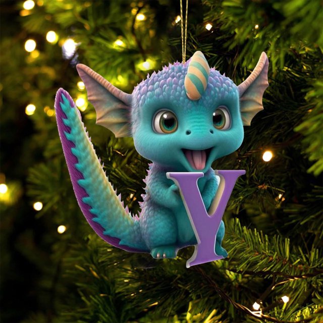 Fridja Personalized Dinosaur Christmas Ornament 26 Letters Hanging Pendant Ornaments 2024 Plastic Initial Monogram Xmas Tree Decorations with Hanging Rope Unique Customized Fun Gift for Kids (Y)