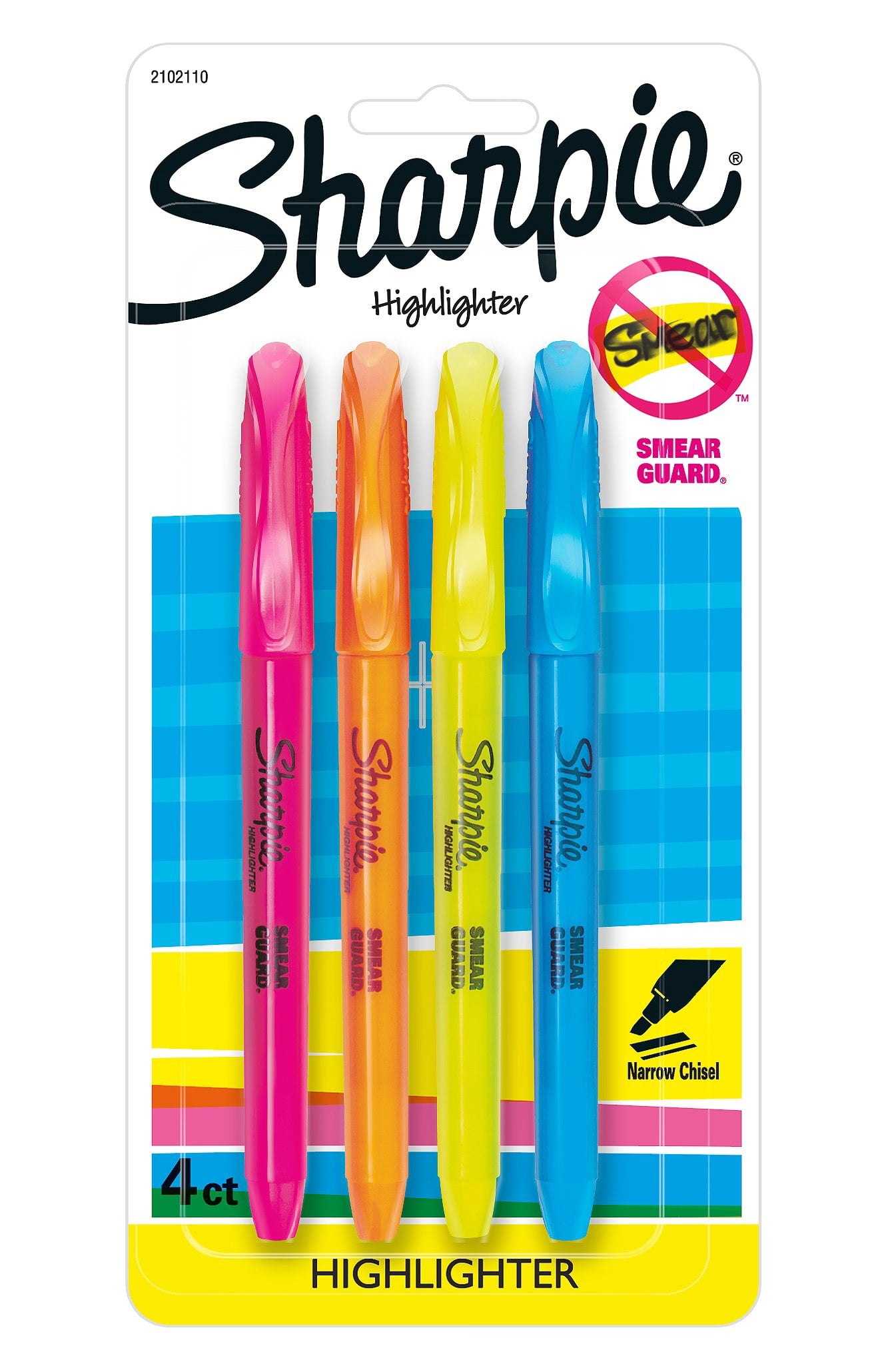 Surligneurs de poche Sharpie, pointe biseautée fine, couleurs assorties, 4 unités