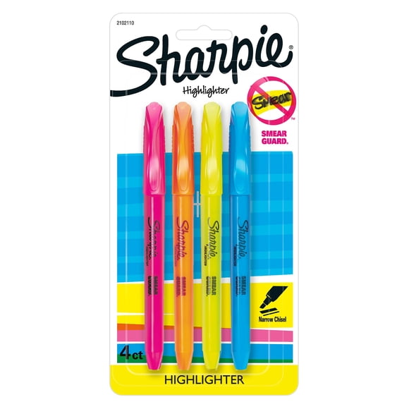 Sharpie Pocket Highlighters, Narrow Chisel Tip, Assorted Colours, 4 Count