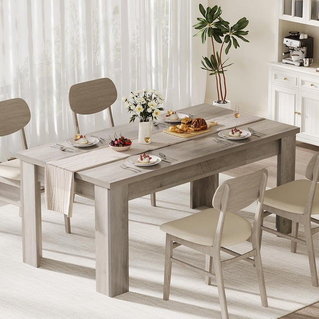 Dining Table for 4-6, 63" Wood Farmhouse Rectangular Thickened Dinner Dining Room & Kitchen Table for 4 for Apartment, Small Space, Rustic Gray