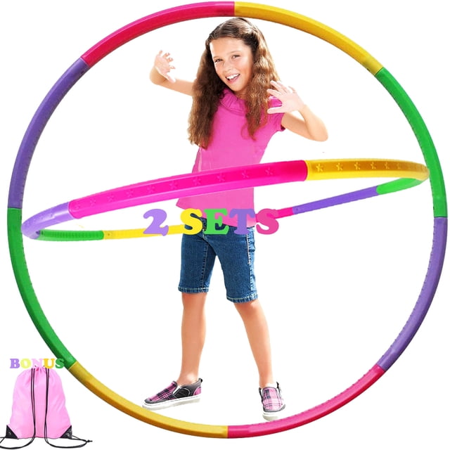 27-inch adjustable kids exercise hoop, detachable and multicoloured, shown in use by a child wearing casual clothing. The set includes two hoops with star-textured surfaces for a fun and unique massage effect. Made of food-grade ABS material, the hoops are durable, safe, and reusable. A pink backpack is included for easy storage and portability.