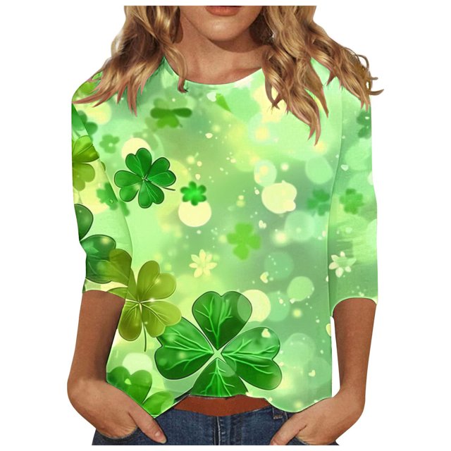 Diufon T-Shirts de la Saint-Patrick pour Femmes, Grande Taille, Imprimé Trèfle, Manches 3/4, Col Rond
