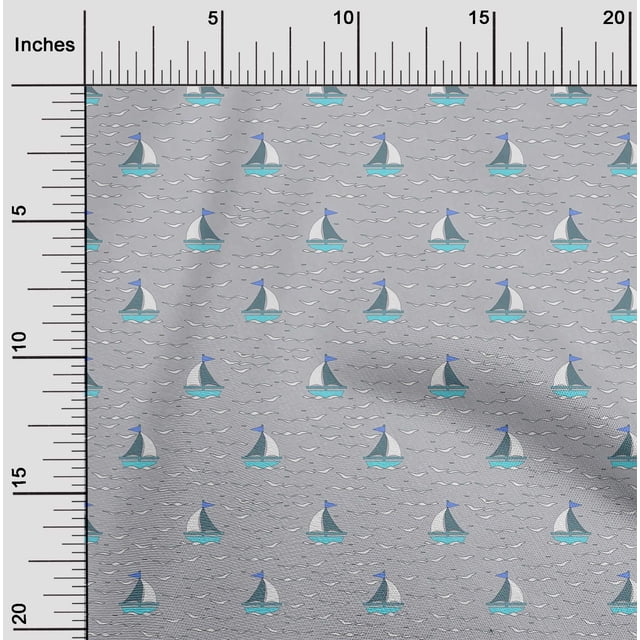 oneOone Silk Tabby Fabric Waves & Sailboat Ocean Decor Fabric Printed BTY 42 Inch Wide