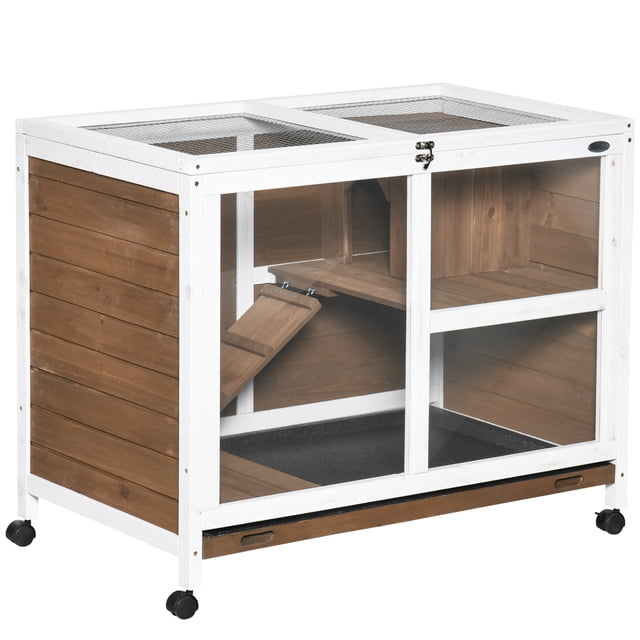 PawHut Indoor Rabbit Hutch with Wheels, Bunny Cage Guinea Pig House Small Animals Habitat W/ Top Access, Ramp, Pull Out Tray, Brown