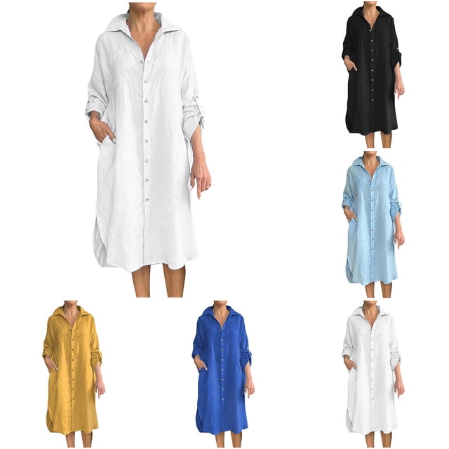 Sentmoon Summer Dresses for Women 2026 Collar Long Sleeve Linen Dresses for Women 2026 Solid Color Relaxed Fit Button Plus Size Boho Dress Soft and Comfortable Beach Essentials for Women