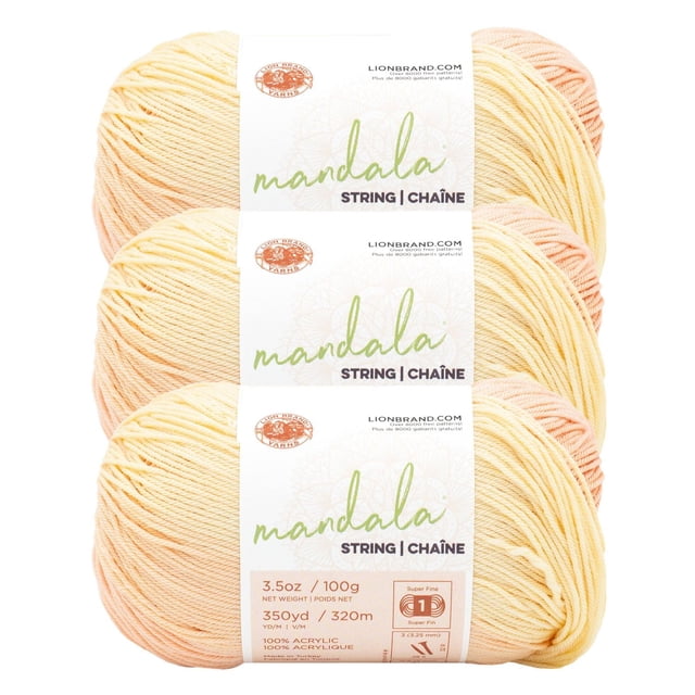 Lion Brand Mandala® Fil à Ficelles 3 Pelotes, Poids Super Fin/doigt 100 % Fil Acrylique dans des Nuances Dégradées pastel Douces de Pêche, Crème et Jaune, Chaque 100 g avec Longueur de 320 m, Idéal pour Tricot, crochet, Dentelle et Accessoires.