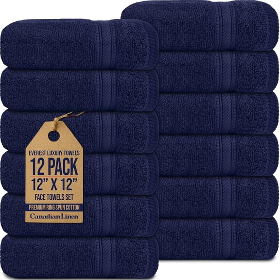 Canadian Linen Lot de 12 Débarbouillettes Everest de Luxe 12”x12”, Légères, Séchage Rapide, Douces et Absorbantes, Serviettes pour le Visage en Coton pour Salons, Spa, Sports, Bleu Marine