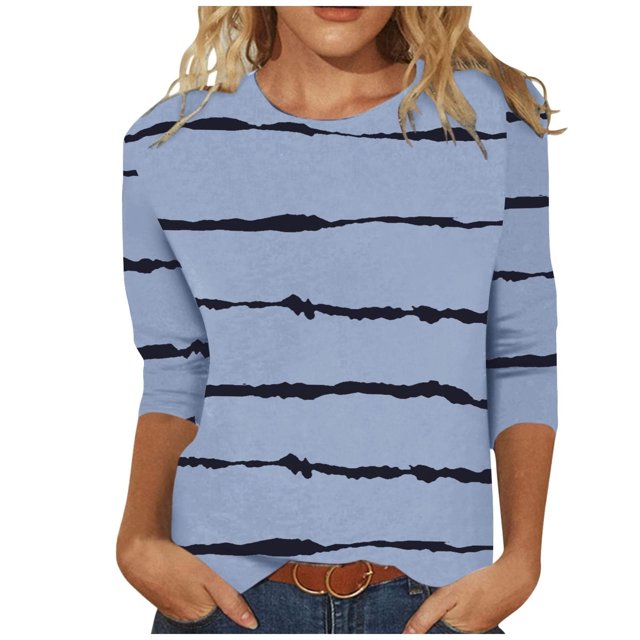 Qertyioot Hauts de Mode pour Femmes, T-shirt Ample Imprimé Mi-Long Manches 3/5 Blouse Col Rond Décontracté