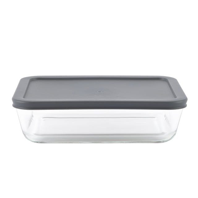 Mainstays Rectangle Glass Food Storage Container with PE Lid 1.4 L, clear borosilicate glass rectangular container with dark gray PE lid, oven, microwave, freezer, and dishwasher safe, BPA free and FDA approved, ideal for food storage and meal prep in Canadian kitchens.