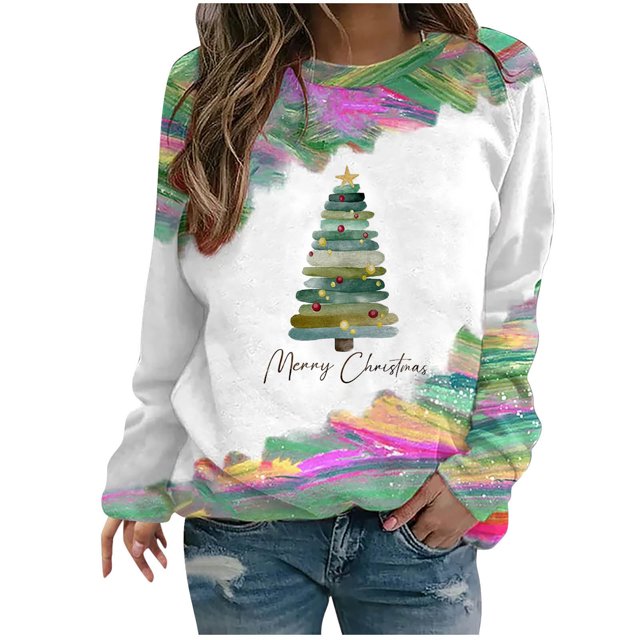 EQWLJWE Sweatshirts Arbre de Noël for Women Sweatshirts à Manches Longues Col Rond Pull-Over Arbre de Noël Tops et Frais Verts Cravate Teints Raglan Manches Top Sweatshirts de Noël for Grande Taille pour Femme Tailles