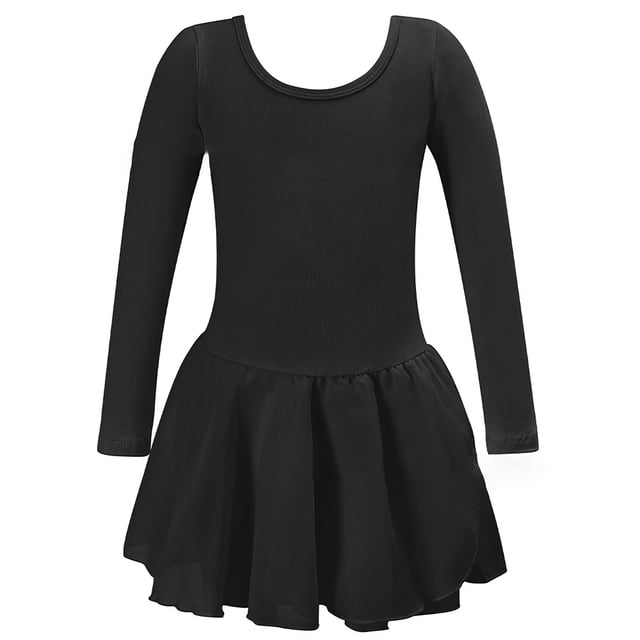 Robes pour Petites Filles Manches Longues Robe de Ballet Unie Danse pour Enfants Filles Justaucorps Tutu Tenue Performance Pratique Robe Douce Extensible Robe Ado Fille Noir 8 Ans-9 Ans