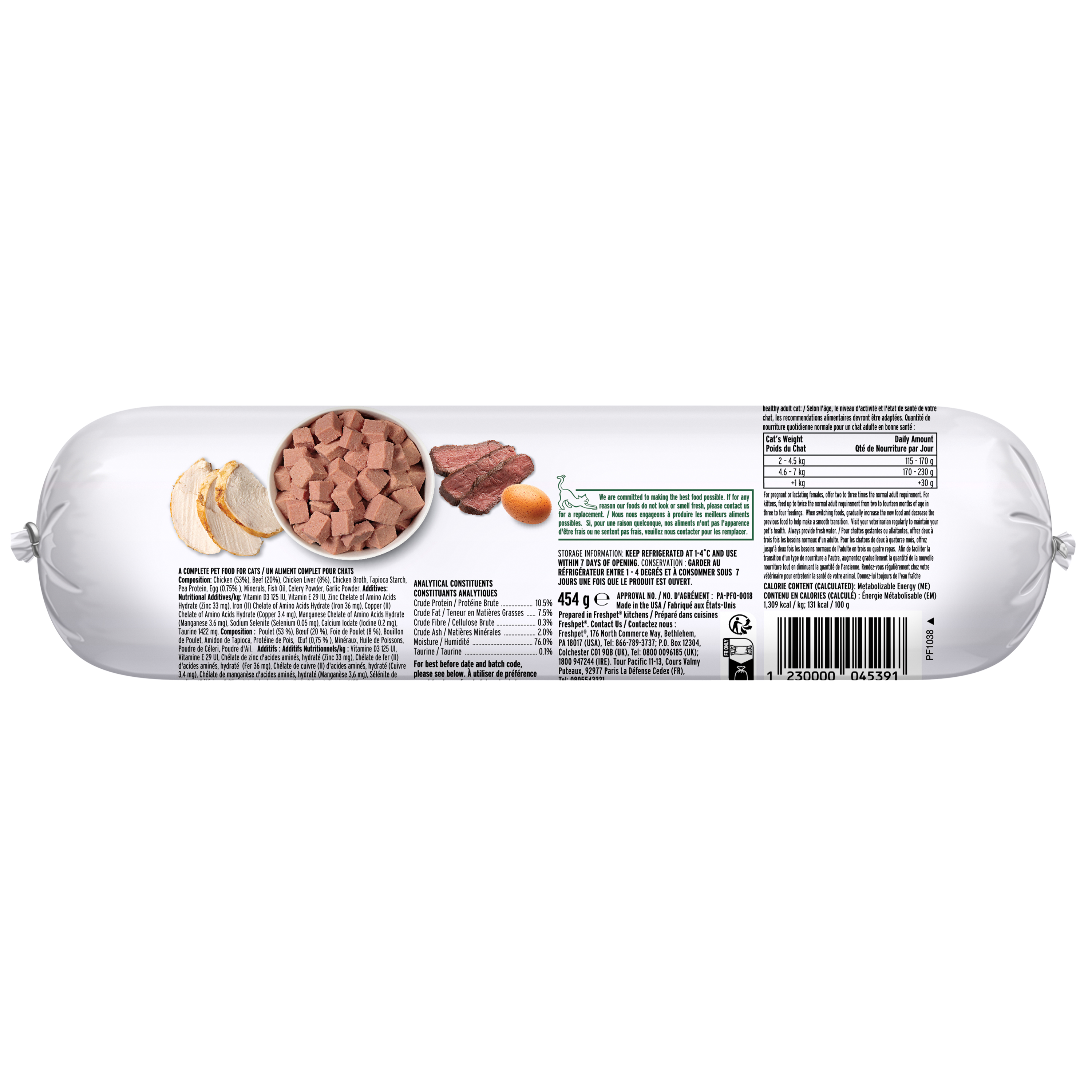 Freshpet Nourriture fraîche pour chats, Pâté en rouleau à trancher et à servir, Recette au poulet et au bœuf, 454 g.