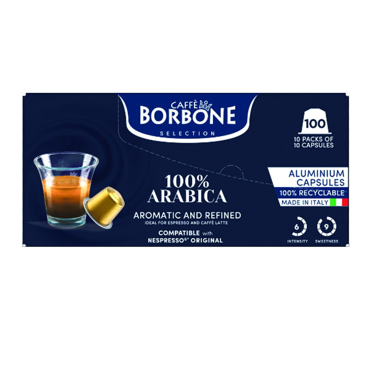 Caffe Borbone capsules (compatible with Nespresso® OriginalLine machines) - Lungo 100% Arabica aluminum pods - 100-pack / 10 packs of 10 - (Intensity 6/10)
