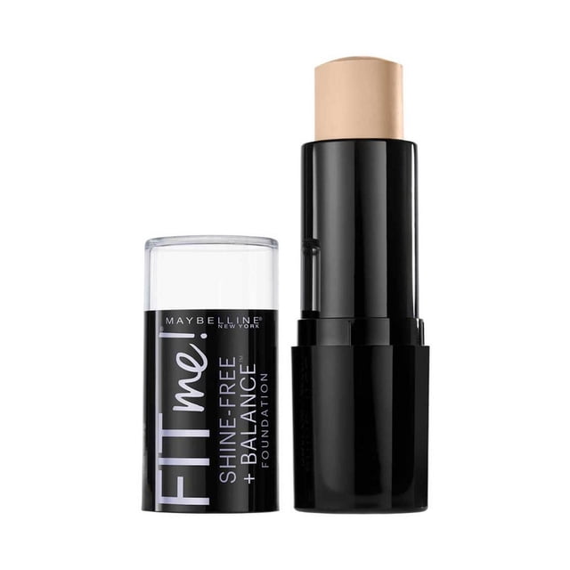 Maybelline New York Fit Me®, Sans Brillance + Balance®, Fond de Teint en Bâton, 9 g, Bâton de Fond de Teint Cylindrique Noir avec Fond de Teint beige Allongé, à Côté de Sa Calotte Noire avec Dessus Transparent Affichant une Image de Marque Blanche et Lavande, Conçu pour une Couvrance Moyenne avec un Noyau en Poudre Anti-Brillance Qui Contrôle l'Huile et Offre une Finition Mate Naturelle.