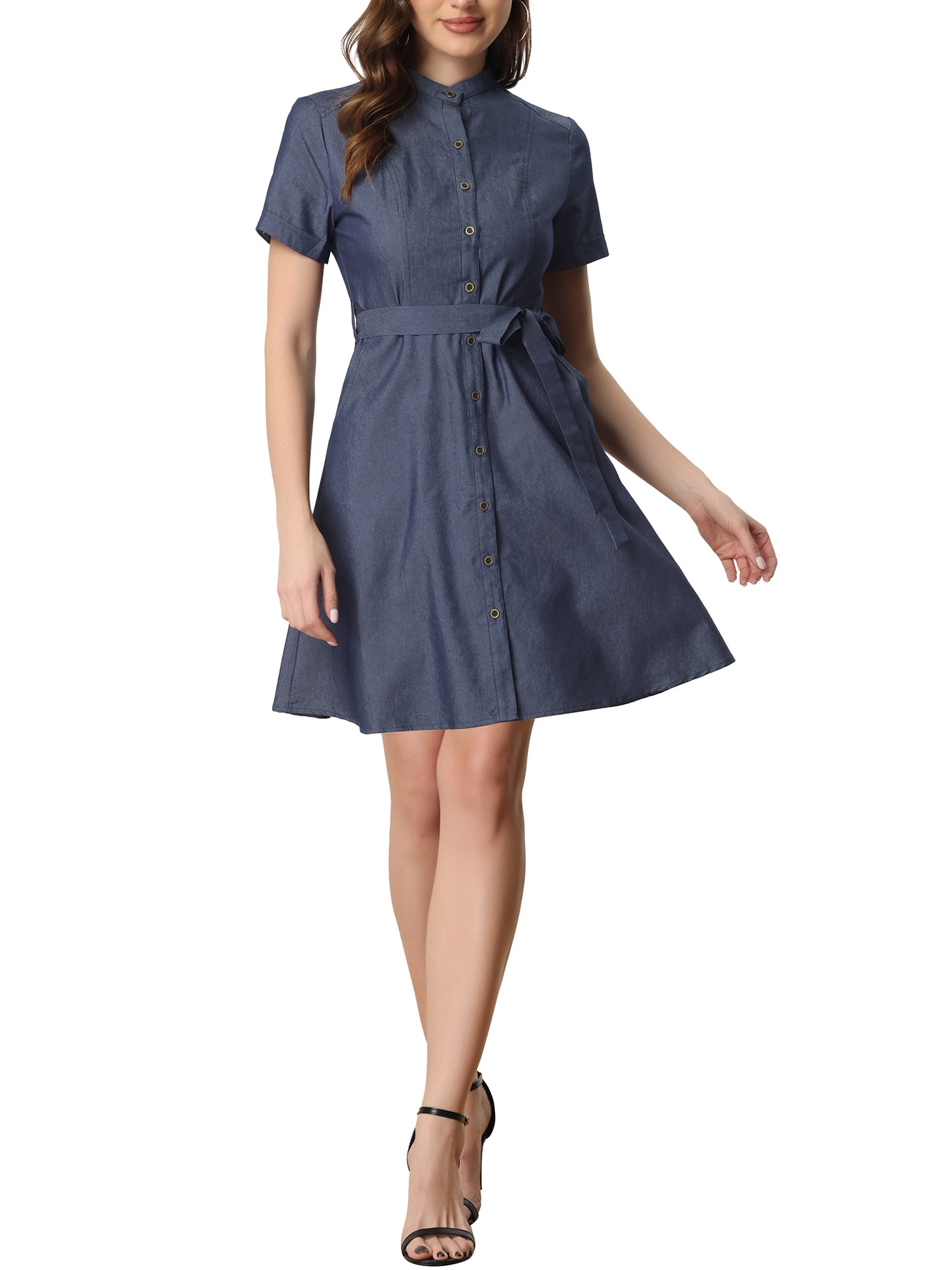 INSPIRE CHIC Robe-Chemise en Denim à Manches Courtes Boutonnée pour Femme avec Ceinture Bleu Foncé TP