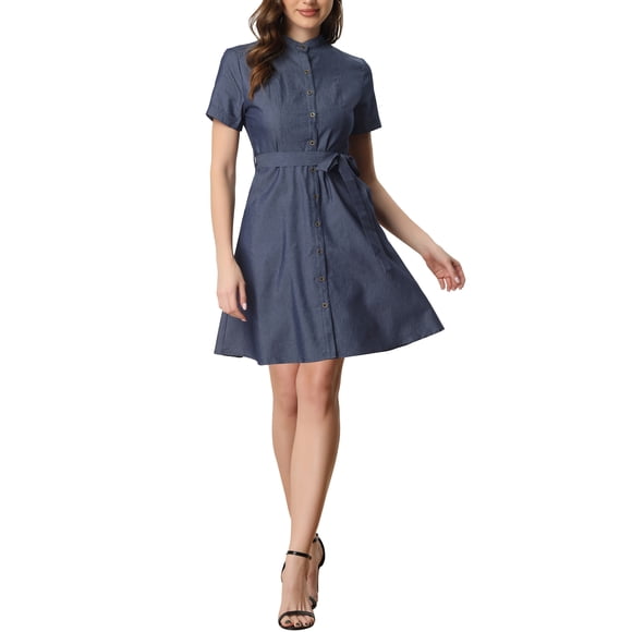 INSPIRE CHIC Women's Button Down Short Sleeve Denim Shirt Dress with Belt Dark Blue L