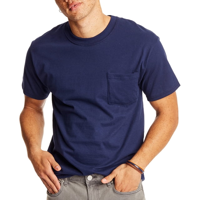 Hanes Men's Short Sleeve Beefy-T with Pocket, Navy, XX-Large