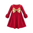 thumbnail image 1 of Robe Fille Rouge Noël Nœud Papillon Doré Manches Évasées Velours Fête des Fêtes 4 Ans, 1 of 1