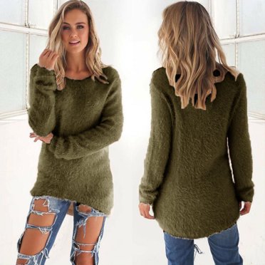 Jsaierl Women's Long Sleeve Tops Fleece Crew Neck Sweater High Low Hem Blouses Solid Loose Fit Pullover Tops Comfy Warm Winter Sweater